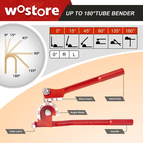 Miniatura 5 de Wostore Dobladora de tubos de 180 grados, 3 en 1 para 1/4" 5/16" 3/8" OD, Dobladora de tubos de acero mecanizado 0-180° con agarre antideslizante