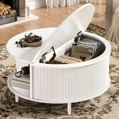Miniatura 13 de Mesa auxiliar redonda, mesa central acanalada de 31.5 pulgadas con almacenamiento, mesa de centro elevable con almohadillas ajustables, puerta