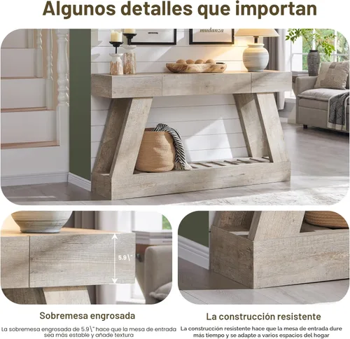 Miniatura 5 de Mesa de entrada de granja de 60 pulgadas con cajón, mesa de vestíbulo de madera con base resistente (roble rústico claro)