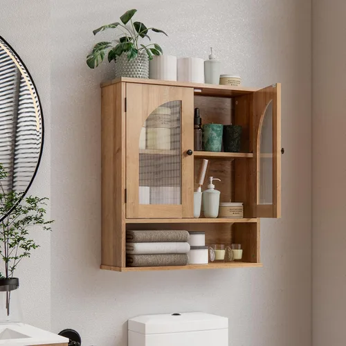 Miniatura 13 de Armario de medicina, gabinete de almacenamiento sobre el inodoro, armario de pared de baño con puertas arqueadas y estantes ajustables, gabinete