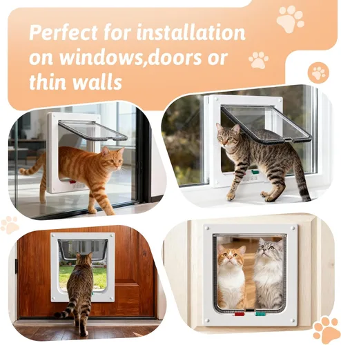 Miniatura 3 de Puerta de gato para ventanas, tamaño exterior de 11 x 9.8 pulgadas, puerta resistente a la intemperie para mascotas con cerradura de 4 vías, puerta