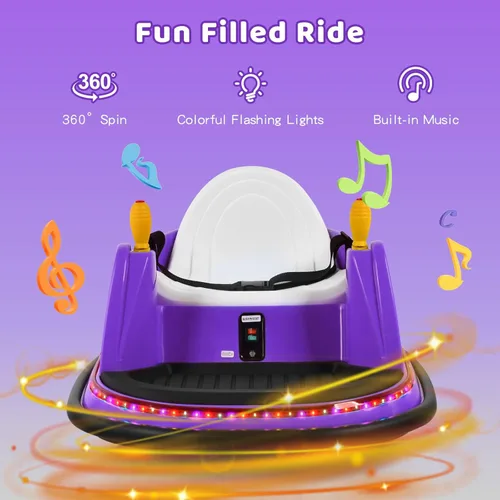 Miniatura 4 de HONEY JOY Coche de parachoques para niños pequeños de 12 V, funciona con batería, joysticks duales, luz LED intermitente y giro de 360 grados, Morado