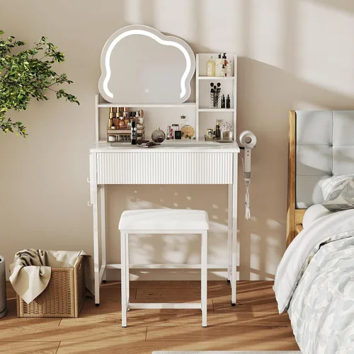 Miniatura 8 de YOURLITE Escritorio de tocador con espejo y luces, juego de tocador de maquillaje acanalado con silla y cajones para espacios pequeños, tocador