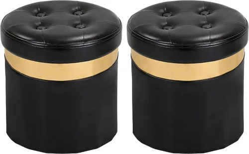 Xuperbonus Otomana Pequeña con Almacenamiento, Otomana Redonda Plegable con Borde Dorado, Taburete de Almacenamiento de Terciopelo, Taburete con