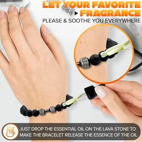 Miniatura 4 de Lava Beads Gym Bracelets for Men - 8mm Lava Rock Bracelet Natural Stone, Men Stretch Bracelet Bead Bracelet for Women- Alloy Dumbbell Bracelet