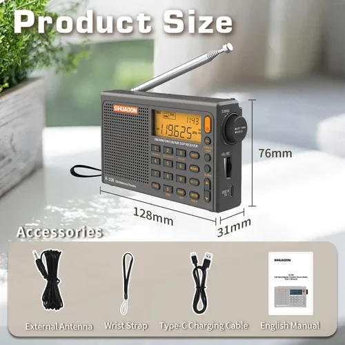Miniatura 6 de SIHUADON R-108 Radio portátil AM FM SW LW Airband, pequeña radio de emergencia retro digital funciona con pilas, 5 W, altavoz con alarma