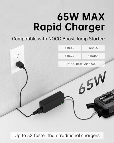 Miniatura 2 de WUKUR Cargador de 65 W para NOCO UltraSafe Jump Starter compatible con NOCO Boost X GBX45 GBX55 GBX75 GBX155 y Boost Air AX65 UltraSafe Cable Negro