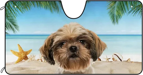 Miniatura 13 de Parasol para parabrisas delantero de automóvil con texto en inglés "A Happy Young Shih Tzu Dog Puppy in the Beach", decoración de verano, parasol