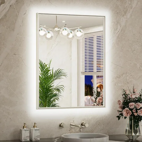Miniatura 20 de TETOTE Espejo de baño retroiluminado de 30 x 36 pulgadas, marco de metal dorado cepillado, luz LED, 3 colores, blanco/cálido/natural, sin escalones