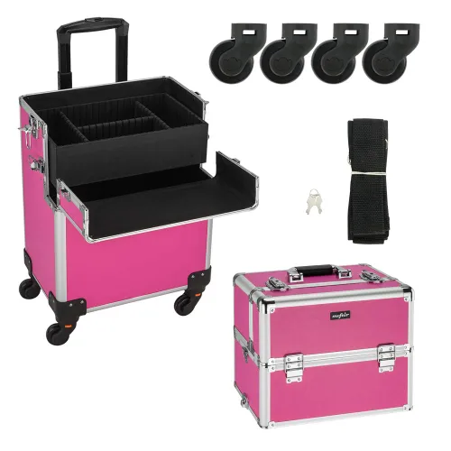 Miniatura 8 de mefeir Estuche de tren de maquillaje rodante 3 en 1, estuche de cosméticos de aluminio para viajes, organizador de maquillaje, estuche de Rosa rosado