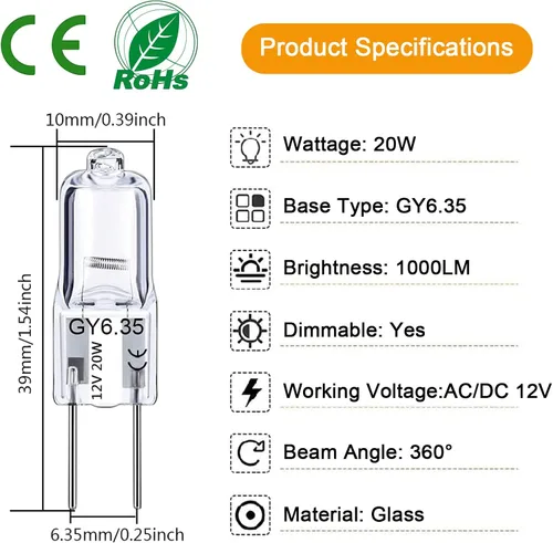 Miniatura 2 de Bombilla GY6.35 de 20 W, paquete de 12 bombillas regulables GY6.35 Q20/CL/GY6/12V/T3/T4 JC tipo GY6.35/G6.35 base bipin AC/DC 12V blanco cálido