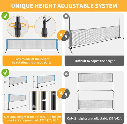 Miniatura 4 de 17FT Portable Pickleball Badminton Net Set Outdoor, Height Adjustable Multi Sports Net Set for Backyards Driveway with 4 Aluminum Rackets, 2 Pickle