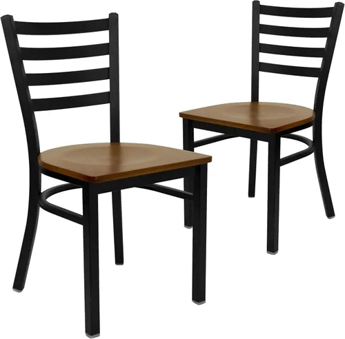 Flash Furniture HERCULES Series - Silla de restaurante de metal con respaldo de escalera negra, 2 unidades, asiento de madera de cerezo