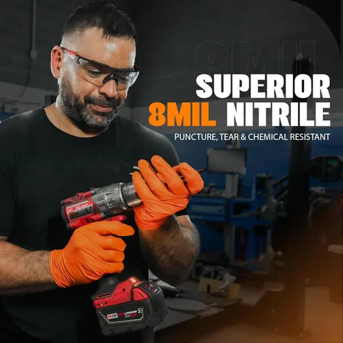 Miniatura 3 de GRIPXX Herkules Grip Guantes de nitrilo de 8 mils de alta resistencia naranja, textura de diamante 3D elevada - Sin látex y polvo - Industriales