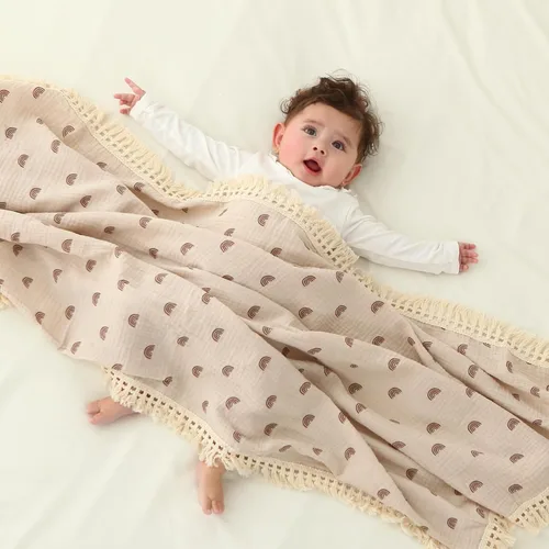 Miniatura 2 de Manta de muselina de algodón insular para bebé con borla, manta de muselina boho bohemio para bebé con borla, manta de recepción para bebé con Arco