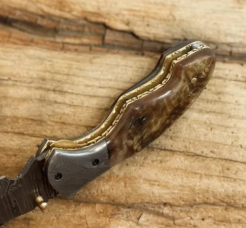 Miniatura 7 de Cuchillo de bolsillo de acero damasceno WINTERFELL para hombres con funda de cuero, cuchillos de caza plegables hechos a mano de 7 pulgadas, mango