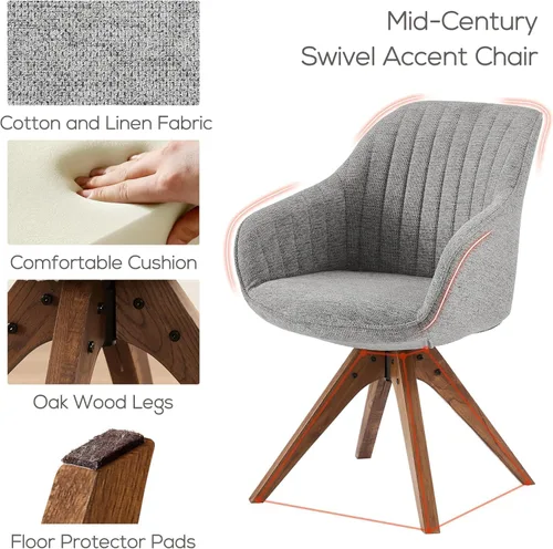 Miniatura 3 de Art Leon Silla de Escritorio - Silla de Oficina Moderna de Mediados de Siglo Sin Ruedas, Silla Giratoria de Acento con Patas de Madera de Roble, Gris