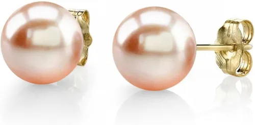 THE PEARL SOURCE 14K Gold AAAA Quality Round Peach Freshwater Cultured Pearl Stud Earrings for Women