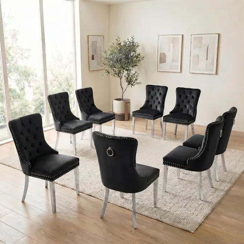 Miniatura 60 de Juego de 6 sillas de comedor de terciopelo, sillas tapizadas con respaldo alto capitoné con ribete de cabeza de clavo y anillo de tracción, patas