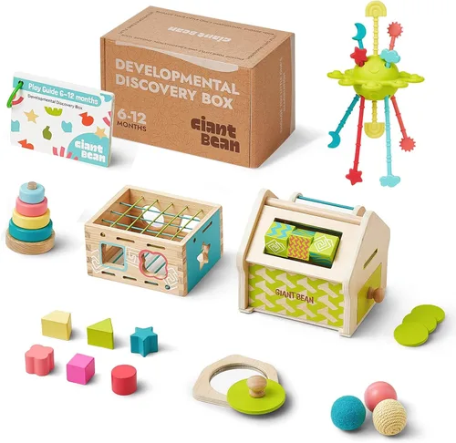 Miniatura 8 de Giant bean Juguetes Montessori para bebé, 6 en 1, juguetes de aprendizaje de educación temprana de madera con dentición sensorial, caja