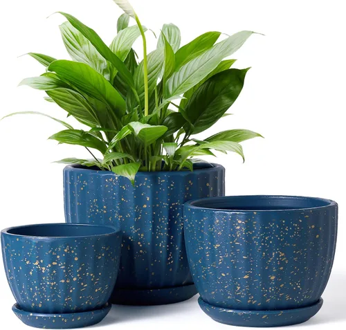Miniatura 10 de STHIE - Macetas de cerámica con orificios de drenaje y platillos, macetas redondas azules para plantas de interior, diámetro 3.3/4.3/5.5 pulgadas, 1