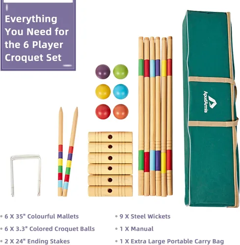Miniatura 9 de ApudArmis Juego de croquet para seis jugadores de 35 pulgadas con mazos de madera de pino de alta calidad, bola de colores, mechones, estacas
