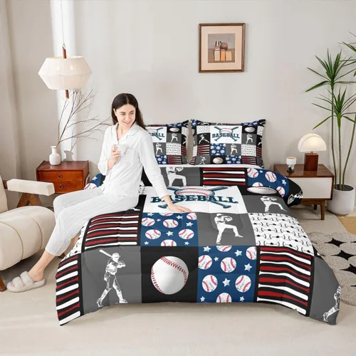 Miniatura 3 de Juego de ropa de cama individual de béisbol deportivo para niños y adolescentes, juego de edredón de atletas de béisbol para niños, juego de edredón