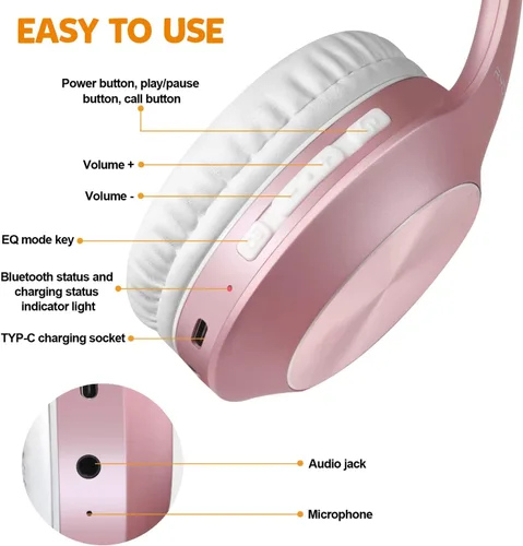 Miniatura 6 de Rydohi - Auriculares inalámbricos Bluetooth sobre la oreja con tiempo de reproducción de 68H, auriculares estéreo HiFi con micrófono y modos 3EQ