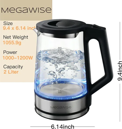 Miniatura 6 de Megawise Hervidor eléctrico de vidrio con apagado automático, sin BPA, tapa interior y base de acero inoxidable, indicador LED azul, fácil limpieza