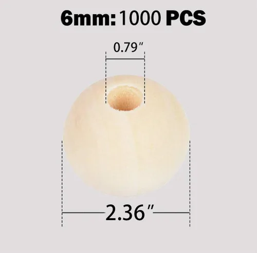 Miniatura 2 de 1000 piezas de cuentas de madera de 6 mm, cuentas de madera natural sin terminar, cuentas de madera redondas sueltas para manualidades, cuentas