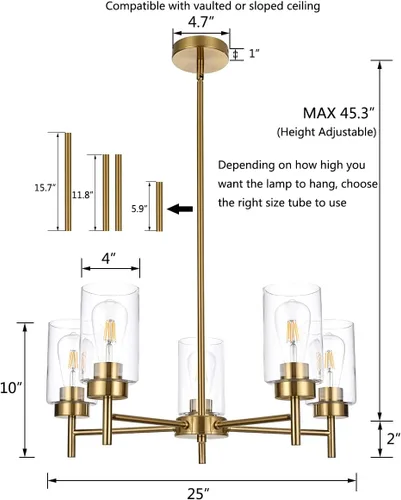 Miniatura 2 de Candelabro de granja de 5 luces para comedor, isla de cocina, modernos candelabros colgantes de latón cepillado con pantallas de vidrio transparente