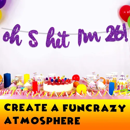 Miniatura 5 de Oh S*it I'm 26! - Pancarta de fondo con purpurina púrpura Hello 26 Cheers to 26 años de edad, decoración temática para hombre y mujer, suministros