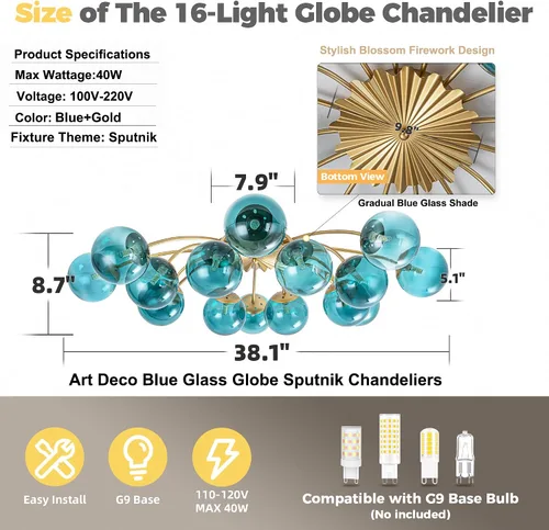 Miniatura 2 de Candelabros Sputnik dorados con globo de vidrio azul, lámpara de techo empotrada con 3 luces de acento de flor de mediados de siglo, candelabros