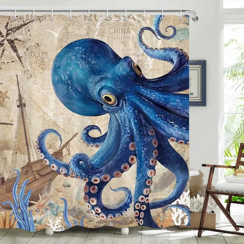Miniatura 3 de Dazzlewall Cortina de ducha de pulpo, cortina de baño azul náutico, retro, decoración de baño, tela de poliéster impermeable con 12 ganchos, 72 x 72