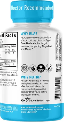 Miniatura 4 de Nutri R Ácido alfa lipoico 600mg Cápsulas - Ácido lipoico R estabilizado con biotina - Forma activa de R-ALA - Dosis clínica de 600 mg - Potente