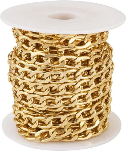 Miniatura 32 de FASHEWELRY Cadena de eslabones de aluminio de 16.4 pies sin soldar, rollo de cadenas de eslabones dorados con carrete para hacer collares, joyas