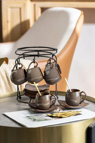 Miniatura 5 de LYEOBOH Juego de 6 tazas de café expreso de 3 onzas con platillos, tazas de café pequeñas de cerámica con soporte y cucharas, lindas tazas demitasse