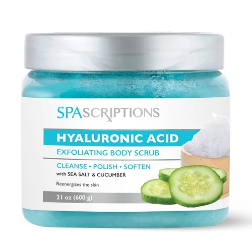 SpaScriptions Exfoliante de azúcar con ácido hialurónico – Exfoliante corporal hidratante con sal de sello y pepino, ideal para pieles secas y