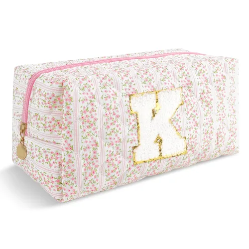 Miniatura 72 de Pequeña bolsa de maquillaje personalizada con inicial A-Z Preppy Patch, bolsa de cosméticos de viaje de felpilla blanca con cremallera, bonita bolsa