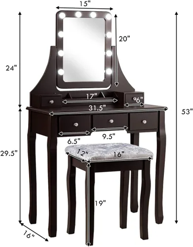 Miniatura 6 de DORTALA Juego de mesa de tocador con espejo rectangular de 360 grados y taburete acolchado, mesa de maquillaje con 10 bombillas LED regulables