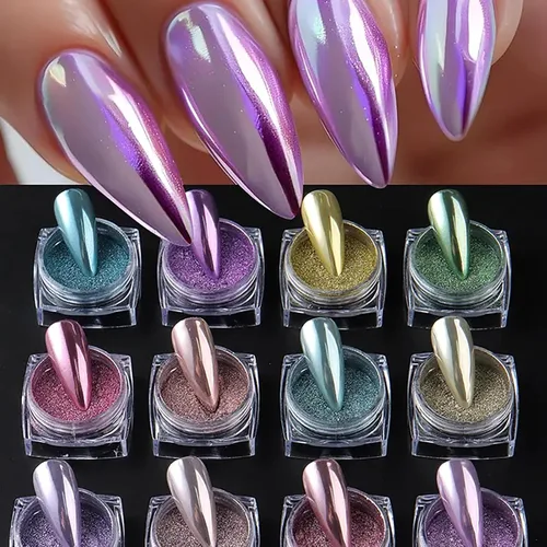Miniatura 6 de WOKOTO 12 tarros de polvo de uñas cromado para uñas, kit de polvo de perlas mágicas coloridas, efecto espejo, polvo holográfico metálico para uñas