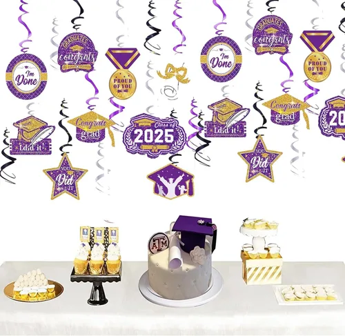 Miniatura 6 de Decoraciones de graduación de oro morado 2026/oro morado, decoraciones de fiesta de graduación NYU colgantes clase de 2026 púrpura para fiesta
