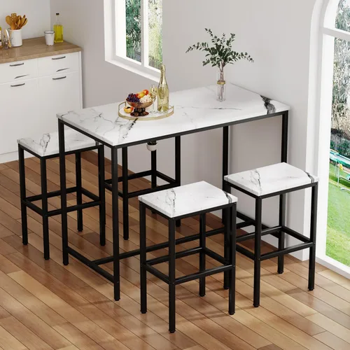 Miniatura 5 de Yongchuang Juego de mesa de bar de 5 piezas, juego de mesa de bar de cocina y sillas de 4 piezas, mesa moderna de metal de altura de mostrador