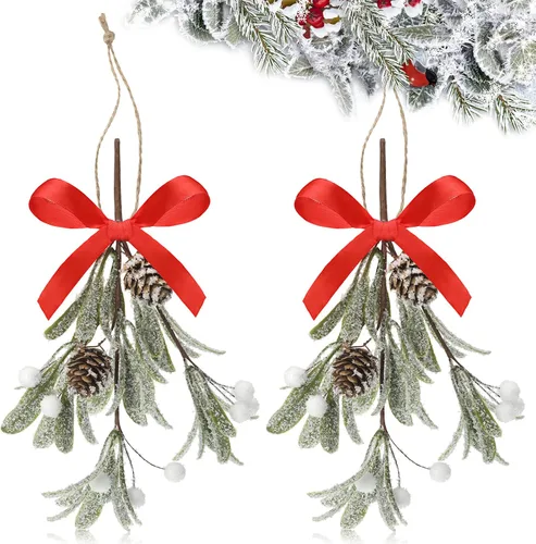 Miniatura 14 de Giegxin 1 pieza Adorno de Navidad Artificial de Muérdago Colgante con Lazo Rojo Bouquet de Adornos Colgantes de Navidad Floral con Piñas Naturales