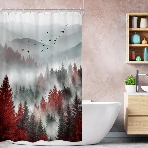 Miniatura 33 de Riyidecor - Cortina de ducha para baño pequeño de montaña, 36 pulgadas de ancho x 72 pulgadas de alto, verde, para RV, temática rústica, naturaleza