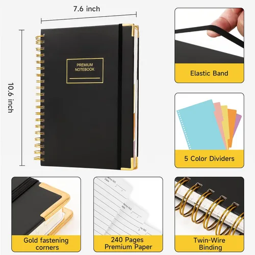 Miniatura 2 de Huhuhero Cuaderno de 5 materias, 240 páginas rayadas diario en espiral con rayas universitarias, 7.6" x 10.5" B5 cuadernos de tapa dura