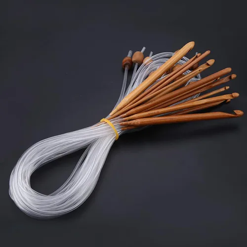 Miniatura 8 de Juego de 12 ganchos de ganchillo tunecinos, ganchos de ganchillo de madera de bambú con alfombra de plástico para alfombras de cable, agujas