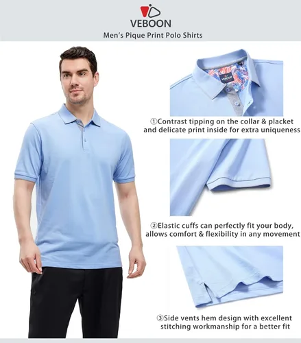 Miniatura 4 de VEBOON Polo de piqué para hombre de manga corta, mezcla de algodón, cuello casual, para negocios