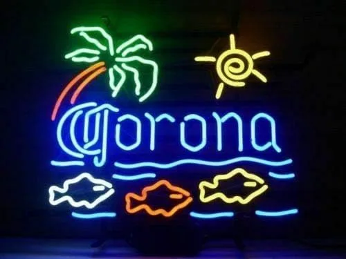 Queen Sense Coronas 17 x 14 pulgadas extra pescado palmera sol neón letrero luz hombre cueva bar pub cerveza hecho a mano hogar decoración pared