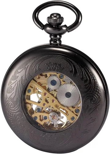 Miniatura 4 de Steampunk esqueleto mecánico de cobre Fob Retro reloj de bolsillo, Negro -, Mecánico